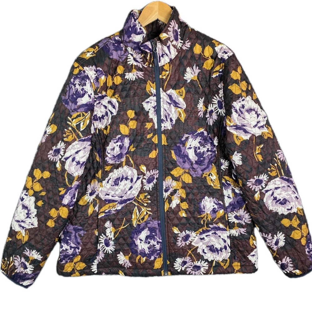 Lands End Jacket Women's XL Quilted Puffer Purple Floral Barn Chore Ranch Coat